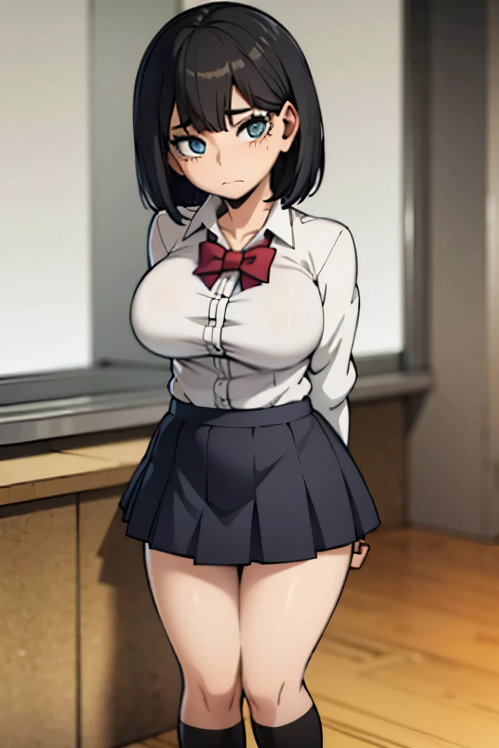 girl with heterochromia eyes blue and green eyes Asian,straight layered black hair with bangs and pink bangs,schoolgirl uniform black skirt with a light brown sweater and a navy blue blazer with school shoes with white leg warmers,with a calm gaze,background of a classroom,with somewhat large breasts with hip dips standing