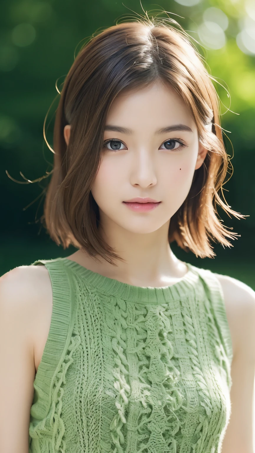 8k, highest quality, masterpiece, Realistic, Realistic, Very detailed, Natural light, Highly detailed face and skin, Fine grain, Highly detailed face and skin mid-shot, Beautiful woman staring at camera, Sexy pose, Tabletop, Beautiful Face, Realistic Face, Detailed face, Beautiful hairstyle, Realistic eyes, fine grain, Realistic Skin, Detailed skin, Beautiful Skin, charm, 超Realistic, Sexy green lace knit, ???, Brown Hair, Cute Japanese Girl, whole body,