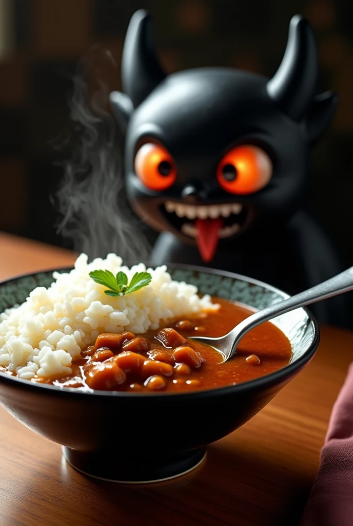 Japanese curry rice, white rice and curry sauce、Silver spoon、Tabletop、Pitch-black devil、Drooling、