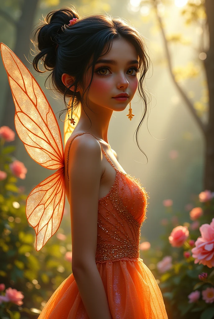 Hi generate and image of a woman fairy with big dark brown eyes; black bouncy hair; and fair skin with a dress made of a crystal like appereance with orange and pink . With wings that are transparent orange and pink.