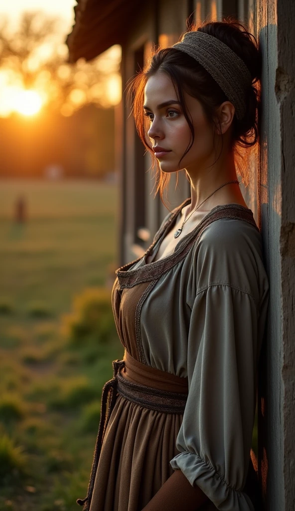 Gorgeous and sultry busty athletic (thin) brunette peasant with sharp facial features wearing a modest updo, medieval hair cover, rough-spun grey and brown medieval dress, long sleeves, wide neck, long dress, tight bodice, corset, Middle Ages, cottage, farm, exterior, trees, countryside, evening, sunset.