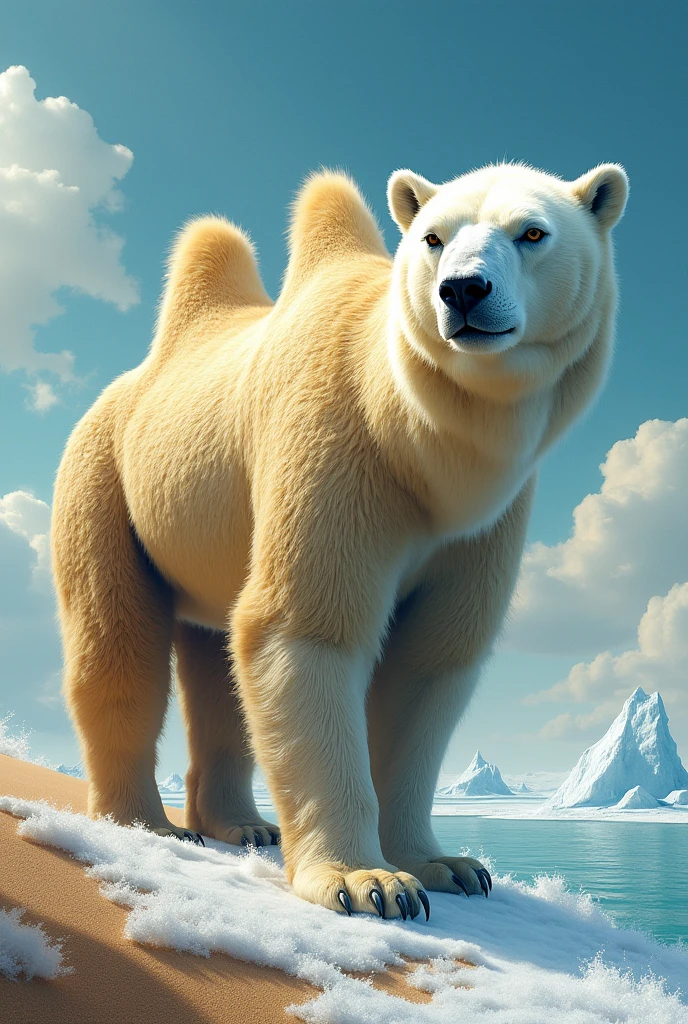 view seen from the side an animal with the left one is half of a camel's back part and the right side is half of the polar bear's front part