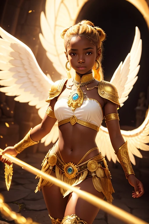 A young 15- yr old native European girl with lovely charminvg face,(dark skin texture masterpiece), (perfect full body detailed anatomy), (Super accessories detailed), (meditating ), (perfect detailed glowing bright eyes),(short ponytail illuminating yellow crystalized hair)，Wearing transparent costume of an angel，holding a treasure septer & shield, illuminating different lights covers the sorrounding atmosphere Has beautiful large white wings, The character solemnly praying 
