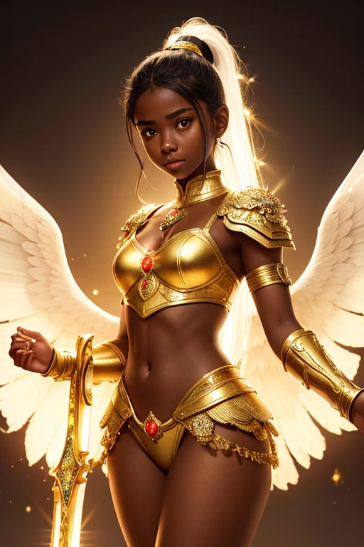 A young 15- yr old native European girl with lovely charminvg face,( brown skin texture masterpiece), (smiling with exposed teeth)(perfect full body detailed anatomy), (Super accessories detailed), (meditating ), (perfect detailed glowing bright eyes),(short illuminating sapphire crystalized hair),((expose big hard erect nipples))(( exposed panty ))(legs wide open showing pussy line)(( Wearing transparent illuminating costume of an angel)),holding a treasure swords (( illuminating different lights covering the sorrounding atmosphere)) Has beautiful large white wings, The character solemnly praying