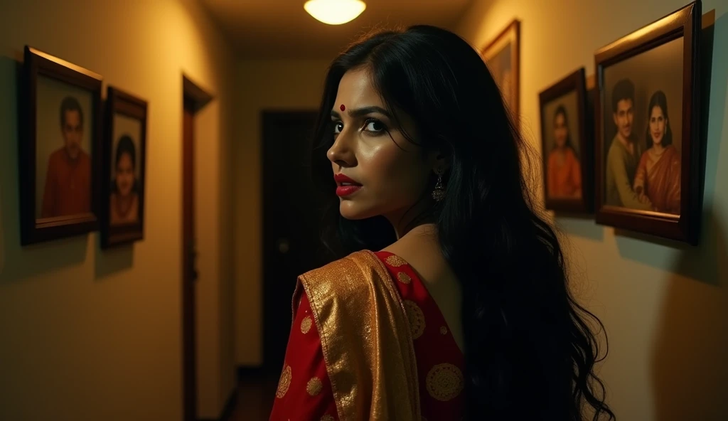 Character: Sunaina, a woman in her early 30s, with long dark hair, wearing a traditional Indian saree. Her expression is a mix of confusion and fear as she glances back towards her husband.
Background: The hallway of an apartment at night, dimly lit with a warm, amber glow from a single overhead light. Shadows lurk in the corners, and the walls are decorated with old, faded family photos. A door slightly ajar in the background, casting a thin line of light into the dark space.