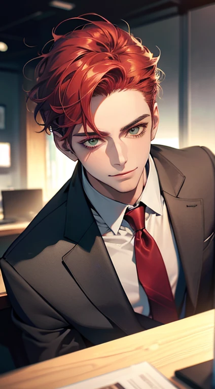 (Highest quality,4K,8K,High resolution,masterpiece:1.2),Super detailed,(Realistic,photoRealistic,photo-Realistic:1.37),1 person,31 years old,Mature Men,Beautiful skin、very handsome,Expressionless smile in love,Short gray red hair,green eyes,Sharp Eyes,A perfect face without a doubt,Businessman,Office Background,Cinema Lighting,HDR image,tie、