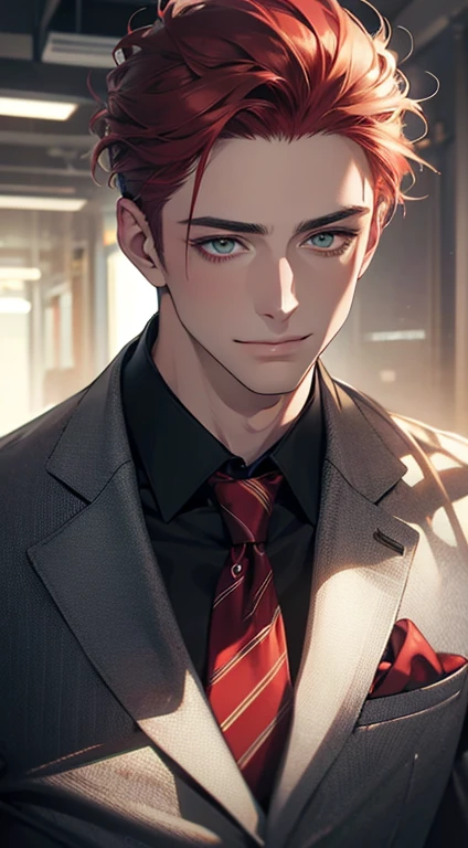 (Highest quality,4K,8K,High resolution,masterpiece:1.2),Super detailed,(Realistic,photoRealistic,photo-Realistic:1.37),1 person,31 years old,Mature Men,Beautiful skin、very handsome,Expressionless smile in love,Short gray red hair,green eyes,Sharp Eyes,A perfect face without a doubt,Businessman,Office Background,Cinema Lighting,HDR image,tie、