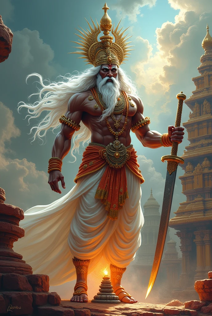Madurai veeran indian god he has a white long hair on his left hand has big knife and he has 10 hat.he also praying linga with angry face