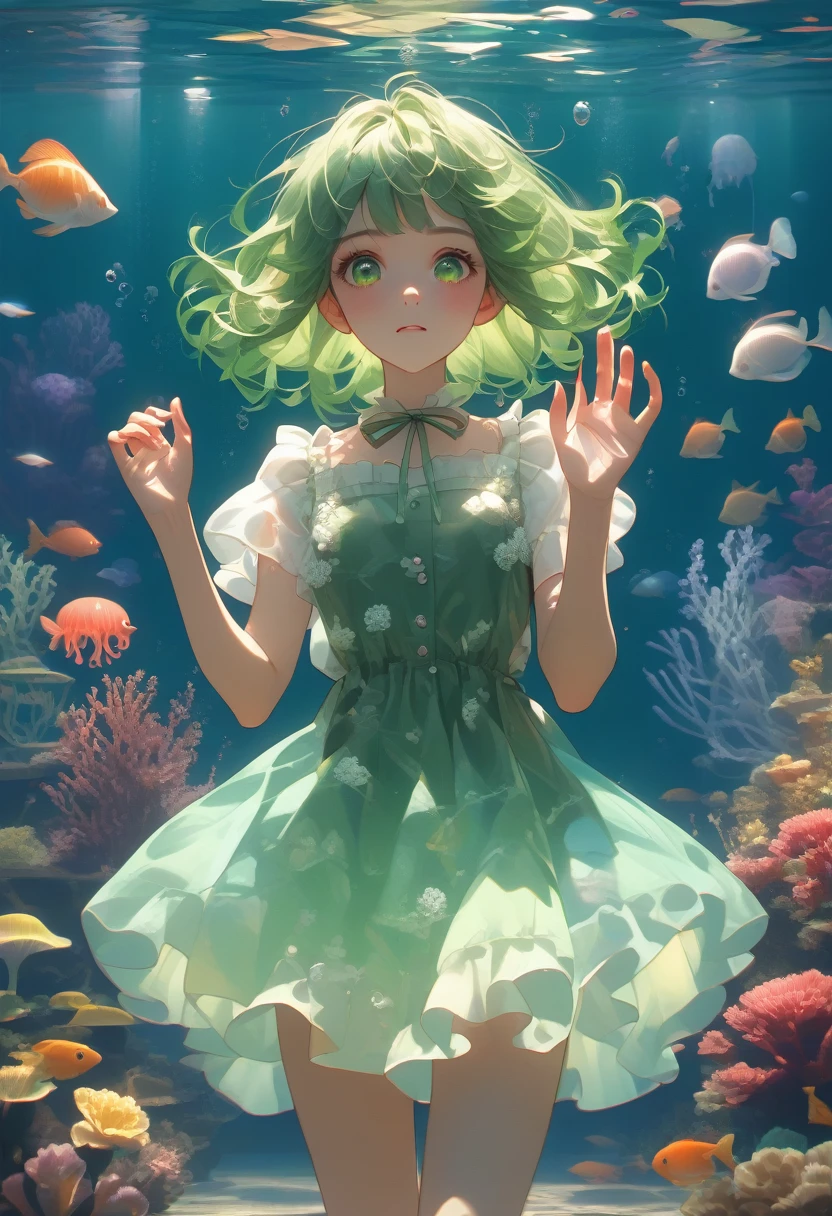 aquariumのクラゲ水槽を見ている、Shortcuts, Bangs, Green Hair, Jellyfish perspective through the tank、The girl as seen by the jellyfish in the aquarium、Sparkle Effect, Chiaroscuro, aquarium、Through the glass、Floral mini-skirt dress