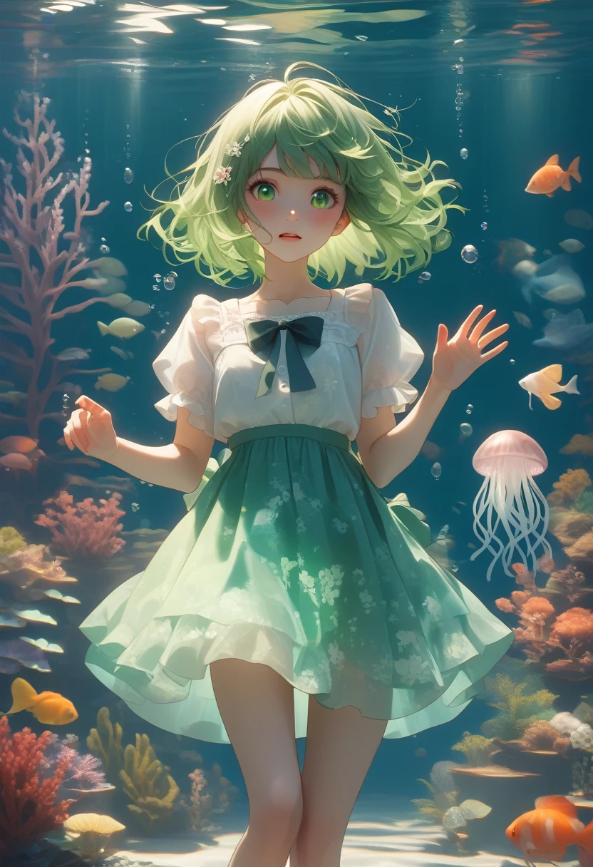 aquariumのクラゲ水槽を見ている、Shortcuts, Bangs, Green Hair, Jellyfish perspective through the tank、The girl as seen by the jellyfish in the aquarium、Sparkle Effect, Chiaroscuro, aquarium、Through the glass、Floral mini-skirt dress