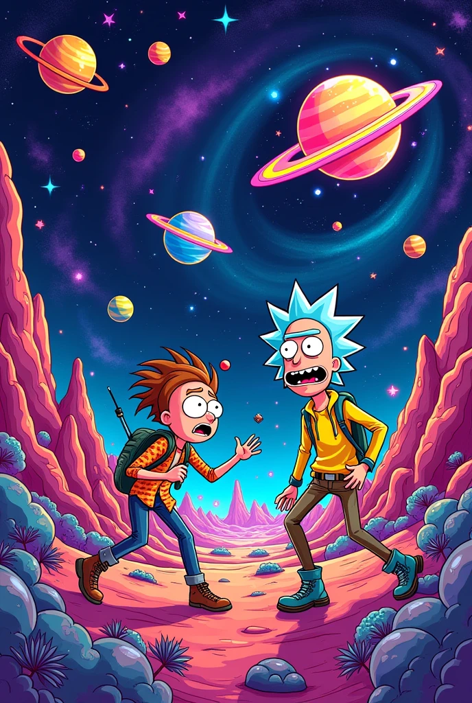 Generate a cartoon-style space image in the style of Rick and Morty