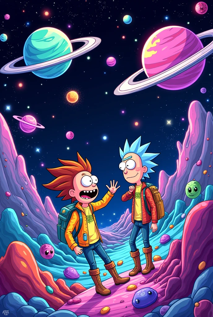 Generate a cartoon-style space image in the style of Rick and Morty