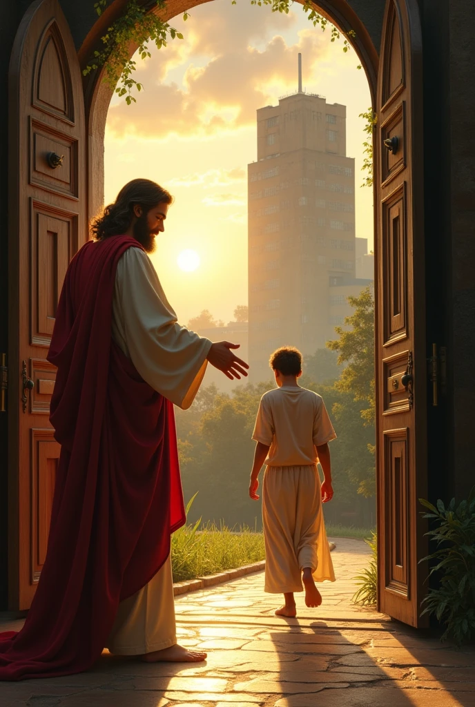 At the very door of a hospital, Jesus stands, and in the distance, a sick young man is seen returning to the hospital to be hospitalized..