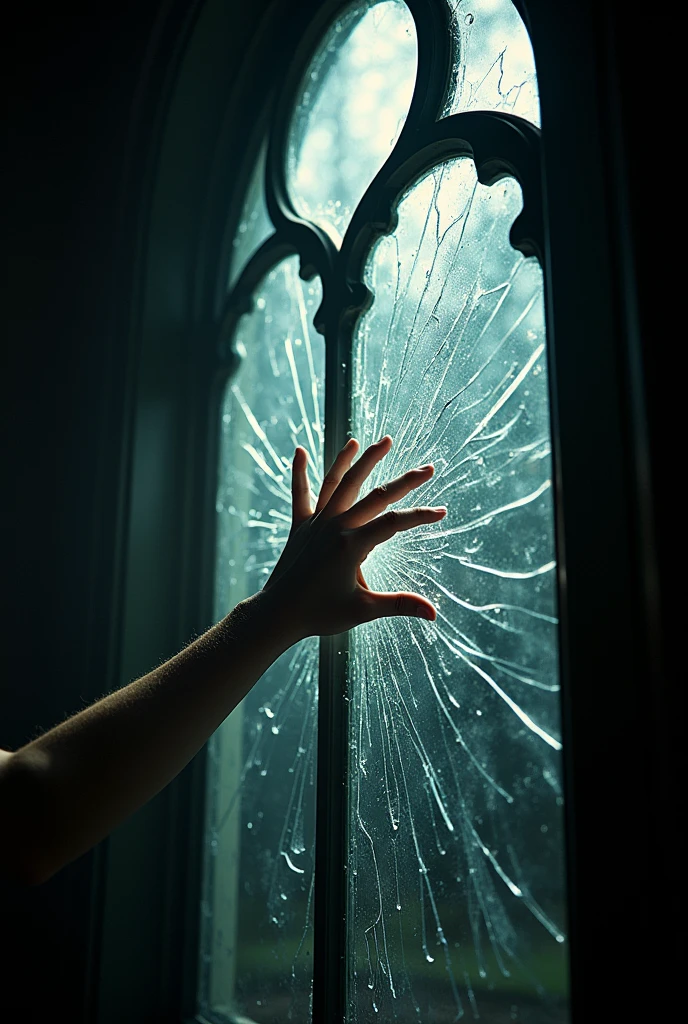 a dramatic scene of a hand shattering an ornate glass window, high quality, photorealistic, 4k, hyperdetailed, dramatic lighting, shattered glass, glass shards, chiaroscuro, moody atmosphere, dramatic expression, emotive, powerful, cinematic