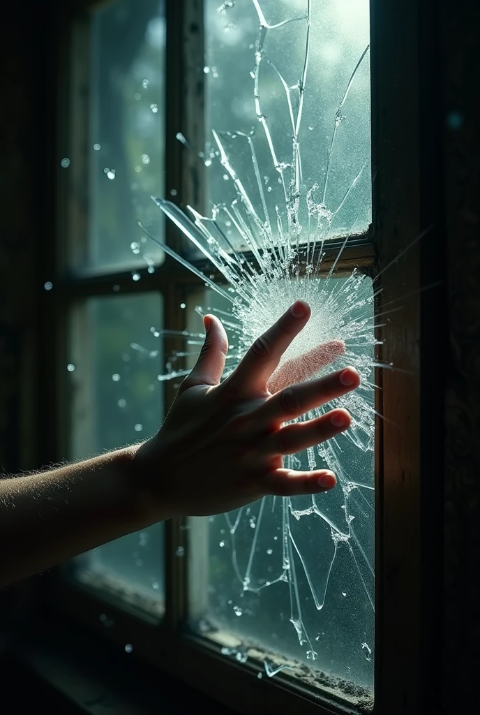a dramatic scene of a hand shattering an ornate glass window, high quality, photorealistic, 4k, hyperdetailed, dramatic lighting, shattered glass, glass shards, chiaroscuro, moody atmosphere, dramatic expression, emotive, powerful, cinematic