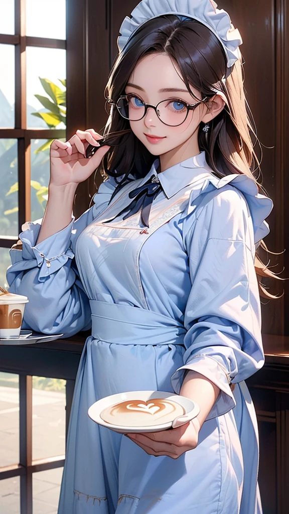 One Girl(High resolution, masterpiece, accurate, Anatomically correct), ((Landscape、Wearing glasses、A happy look、holding a tray with coffee.))、(Hair the color of water, with ends that are fluffy、Light blue eyes)、((Revealing maid clothes:1.5))((Inside a coffee shop、Coffee shop staff))、Highest quality, Ultra high definition, High-resolution model
