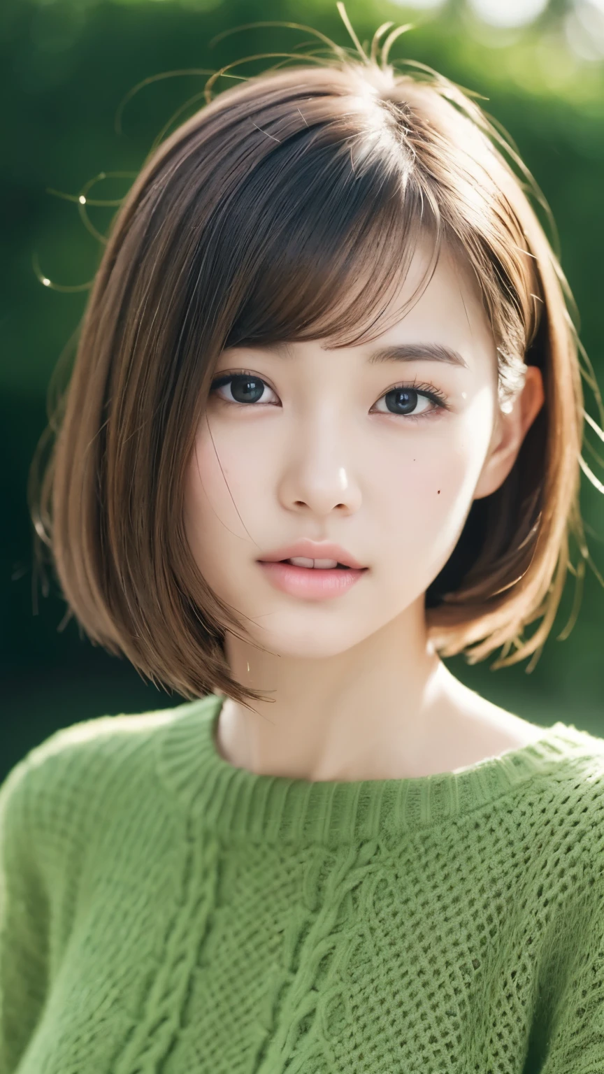 8k, highest quality, masterpiece, Realistic, Realistic, Very detailed, Natural light, Highly detailed face and skin, Fine grain, Highly detailed face and skin mid-shot, Beautiful woman staring at camera, Sexy pose, Tabletop, Beautiful Face, Realistic Face, Detailed face, Beautiful hairstyle, Realistic eyes, fine grain, Realistic Skin, Detailed skin, Beautiful Skin, charm, 超Realistic, Sexy green lace knit, kid, Brown Hair, Cute Japanese Girl, whole body,