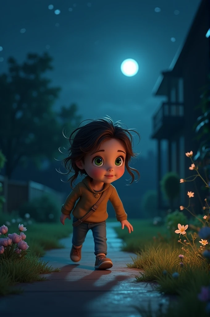 In 3d animation style "The same girl sneaking out of her house at night, her face determined, with the dark, moonlit sky in the background"