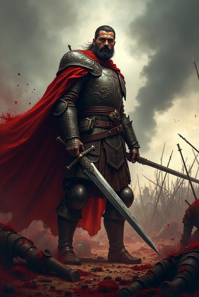 Make me a book cover with the title "Crown And Blade" a man is holding Sword in the middle of war, surrounded by bleeding people 
