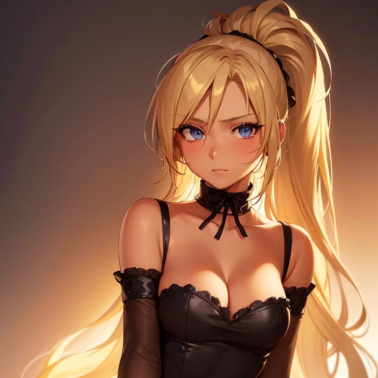 Beautiful blonde girl with high ponytail. It has a passionate and mature atmosphere. Esmeralda gypsy costume. Ribbon scrunchie. Draw the character in front. It has a s*xy and cool atmosphere. Attractive brown skin. face Portrait.  gypcy girl. lightly tanned skin. Passion portrait. Solo. Passion.  