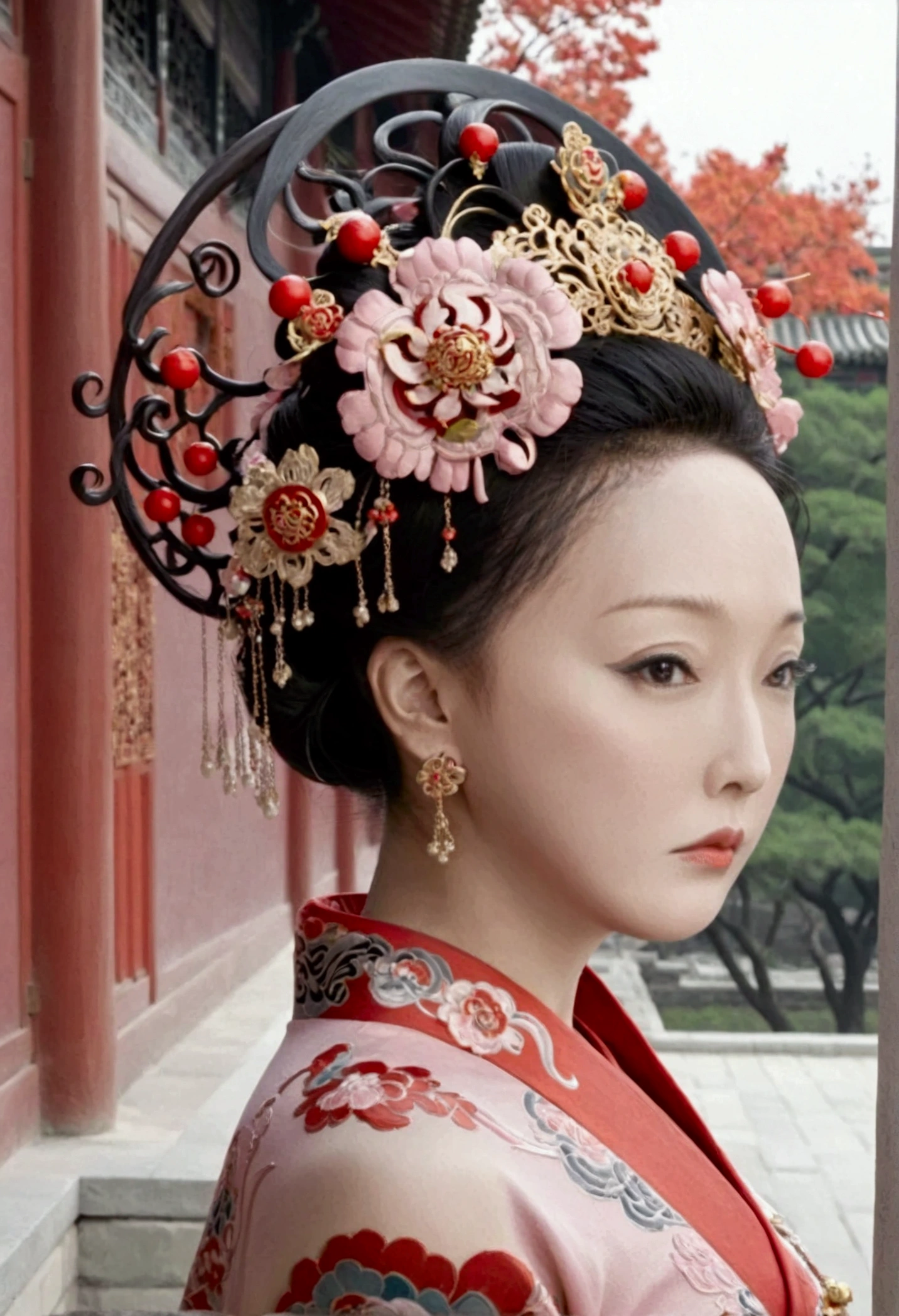 The empress of the Qing Dynasty is and has slightly large breasing on all fours, sticking out her buttocks can from the profile, the background is outside the Qing Dynasty palace