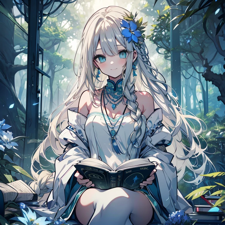 1 person、Mature、Ample breasts、Long Hair、Braid、Silver blonde hair、Jade green eyes、White Dress、Tribal pattern、accessories、Tube top、Earrings、necklace、Night Forest、mossy rock、sit、Fantasy、By the sparkling blue lake、A book in one hand、Gentle smile、blue flower、Flower Field、