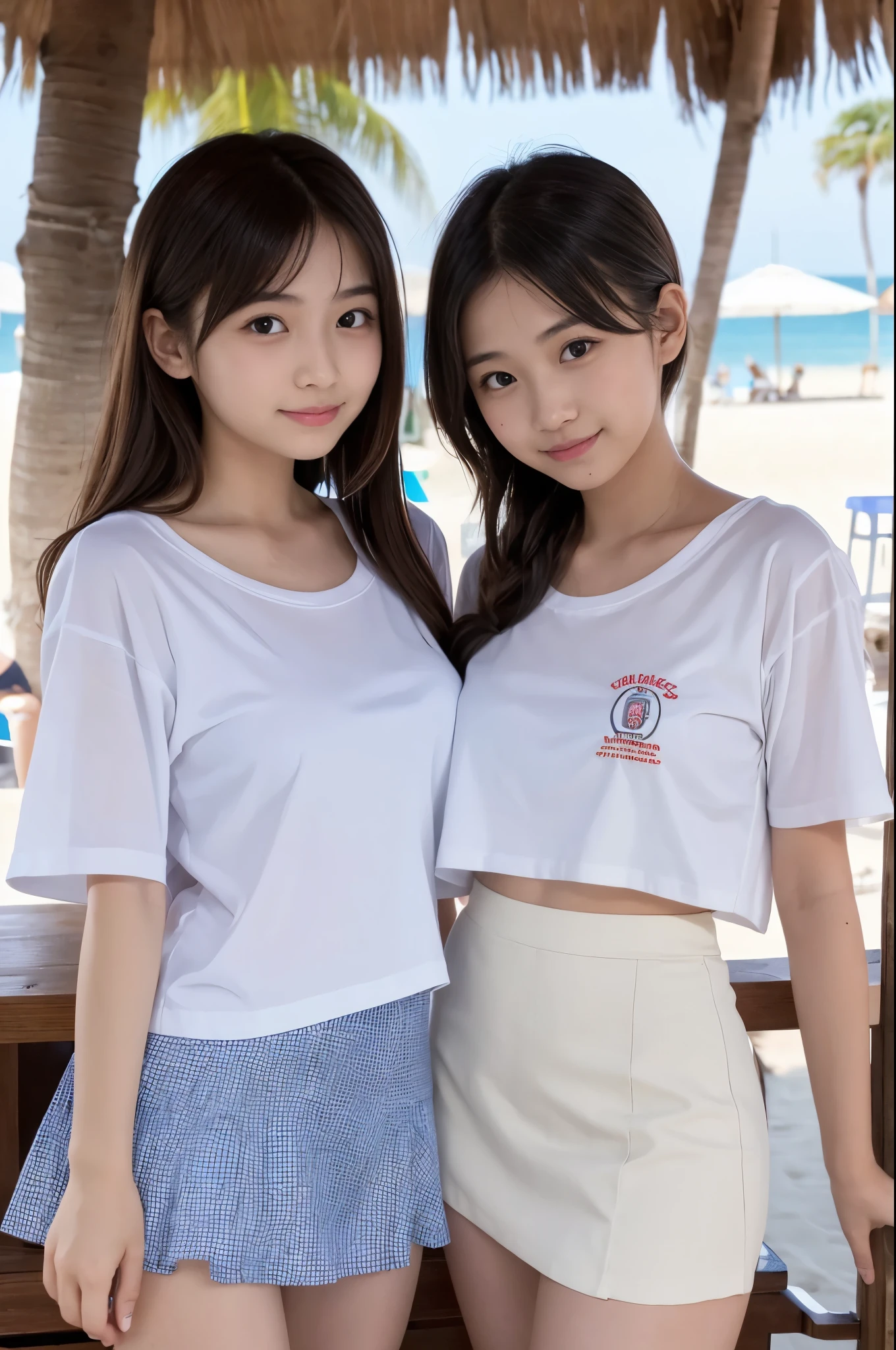 Two girls (20 years old, Japanese cute face) are wearing white Tshirts, mini skirt at the beach bar