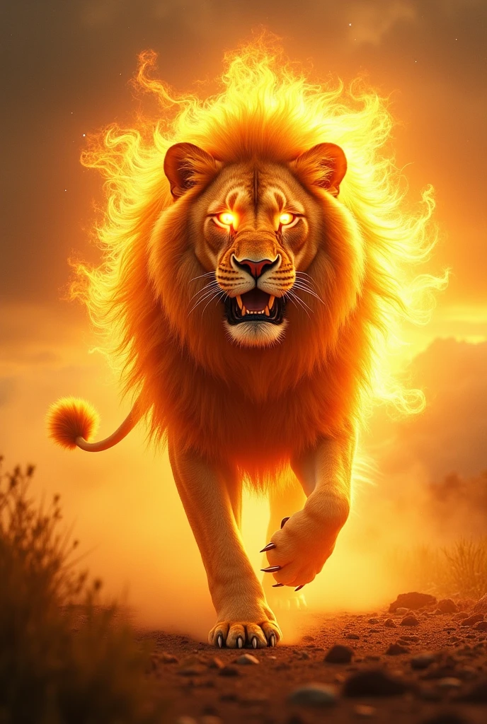 (best quality, masterpiece, ultra detailed, ultra high res, photorealistic, raw photo, absurdres, absolutely resolution), A fictional creature that combines Lion and Sun, The whole body shines like the sun, with a mane of flames, eyes like the sun, golden claws and fangs, and a powerful and majestic overall.