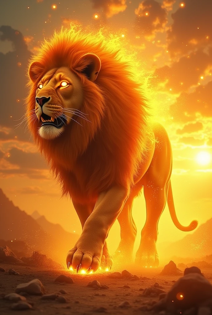 (best quality, masterpiece, ultra detailed, ultra high res, photorealistic, raw photo, absurdres, absolutely resolution), A fictional creature that combines Lion and Sun, The whole body shines like the sun, with a mane of flames, eyes like the sun, golden claws and fangs, and a powerful and majestic overall.