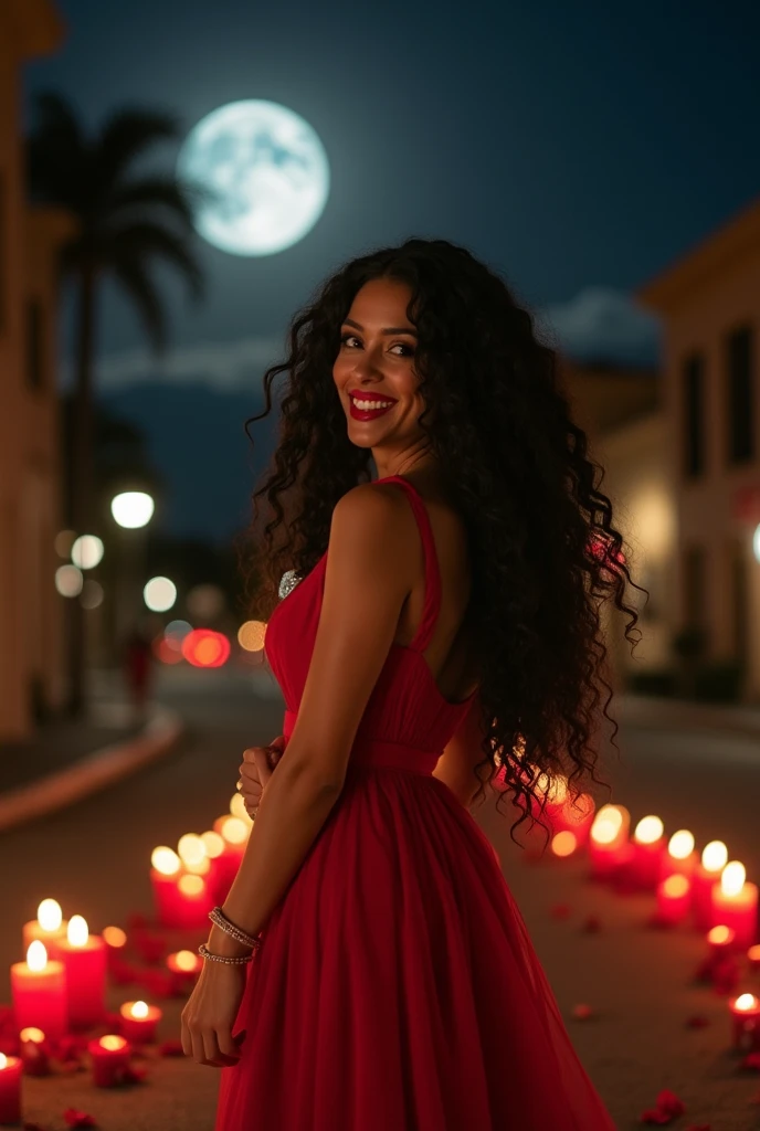 A sensual brunette Mexican woman, 50 year high, piercing look, corda, big bust, fleshy lips, laughing, redgown, long curly black hair, expressive honey eyes, standing in an empty urban crossroads with lit red candles and roses on the ground, at night with a full moon