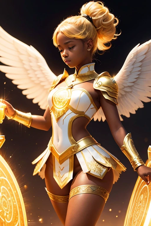 A young 15- yr old native European girl with lovely charminvg face,(dark skin texture masterpiece), (perfect full body detailed anatomy), (Super accessories detailed), (meditating ), (perfect detailed glowing bright eyes),(short ponytail illuminating yellow crystalized hair)，Wearing transparent costume of an angel，holding a treasure septer & shield, illuminating different lights covers the sorrounding atmosphere Has beautiful large white wings, The character solemnly praying 