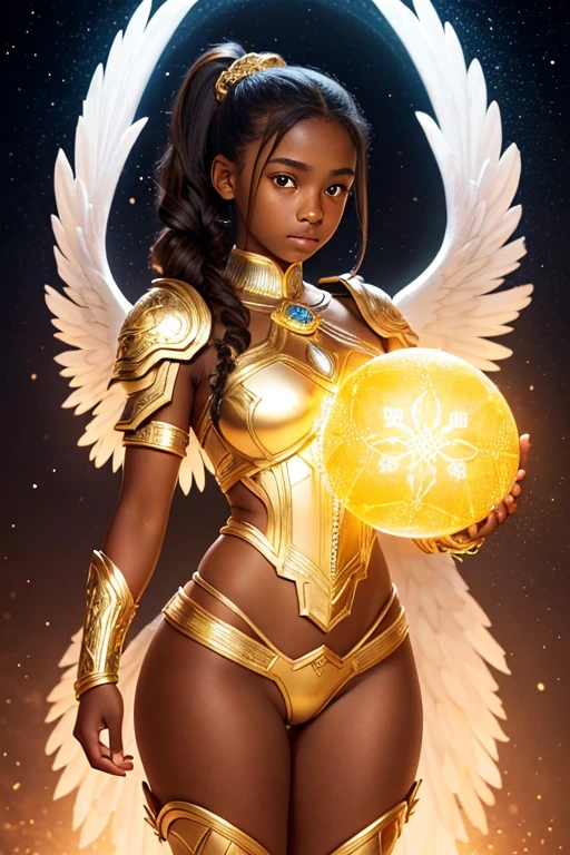 A young 15- yr old native European girl with lovely charminvg face,(dark skin texture masterpiece), (perfect full body detailed anatomy), (Super accessories detailed), (meditating ), (perfect detailed glowing bright eyes),(short ponytail illuminating yellow crystalized hair),Wearing transparent costume of an angel,holding a treasure septer & shield, illuminating different lights covers the sorrounding atmosphere Has beautiful large white wings, The character solemnly praying