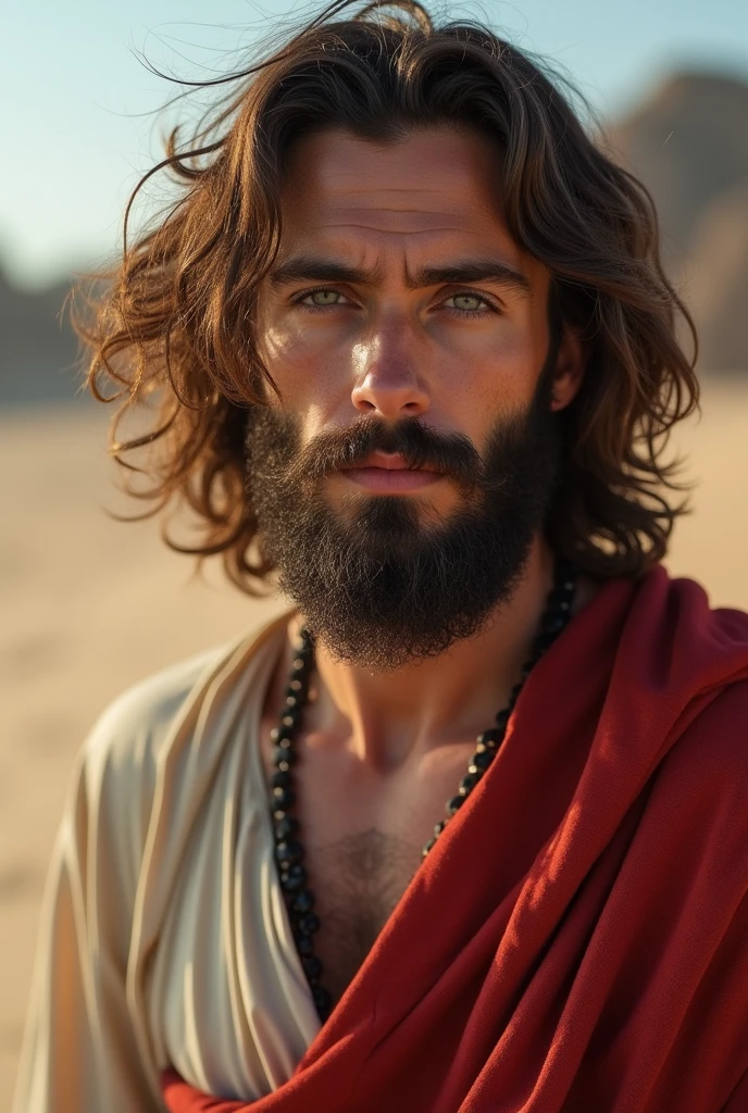 naughty man, 24 years old, very hairy naughty man, blue colored eyes, from Spain, bonitas, wears tunic , (best qualityer: 1.0), with underwear, cinematrographic, 16K, ultra HD, in a studio, role model, sexy naughty man Jesus Cristo, he's staring at the camera , he's in the desert