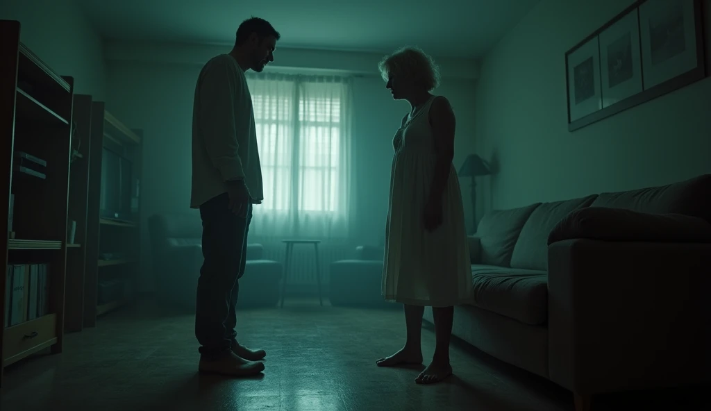 Character: An eerie, ghostly woman in her late 40s, with a pale, almost translucent complexion, wearing a plain, old-fashioned dress. She has a sinister smile on her face as she stands close to Abhi. Abhi, in his early 30s, is dressed in casual nightwear, his face showing anger and tension as he looks at the woman.
Background: The living room of the flat, with modern furniture but an unsettling atmosphere. The light is dim, casting long shadows across the room. The ghostly woman’s shadow stretches unnaturally on the floor, almost touching Abhi’s feet.