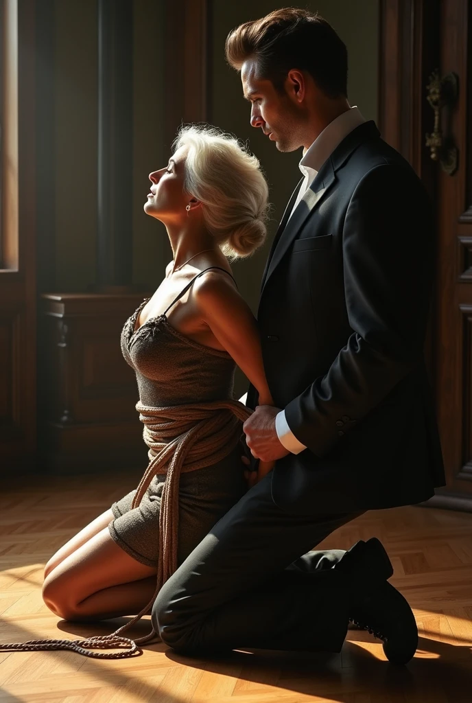 A man is licking the feet of a blonde Woman