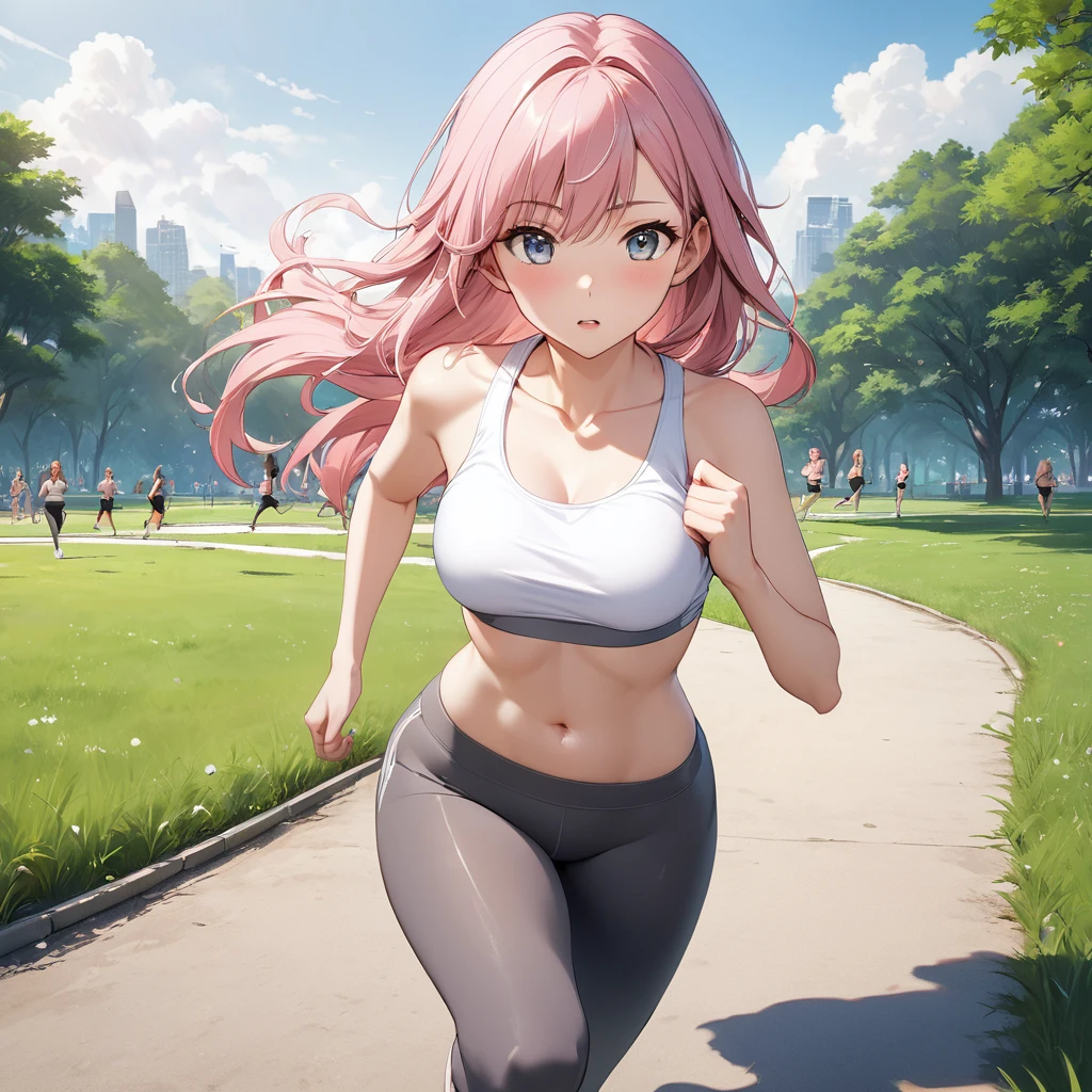 8k,Highly detailed CG unit wallpaper,masterpiece:1.2,Highest quality,Ultra-high resolution,RAW Photos,Cinema Lighting,absurdres, nsfw, 30 year old beautiful girl,mature female,Medium Breast,Pink Hair,Long Hair,Cute like an idol,Beautiful eyes,White tank top,dark grey leggins,running,jogging,grass,park,from multiangles,