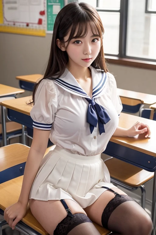 27-year-old female、The background is a high school classroom、Sailor suit、Blouse sheer、Big Breasts、garter belt