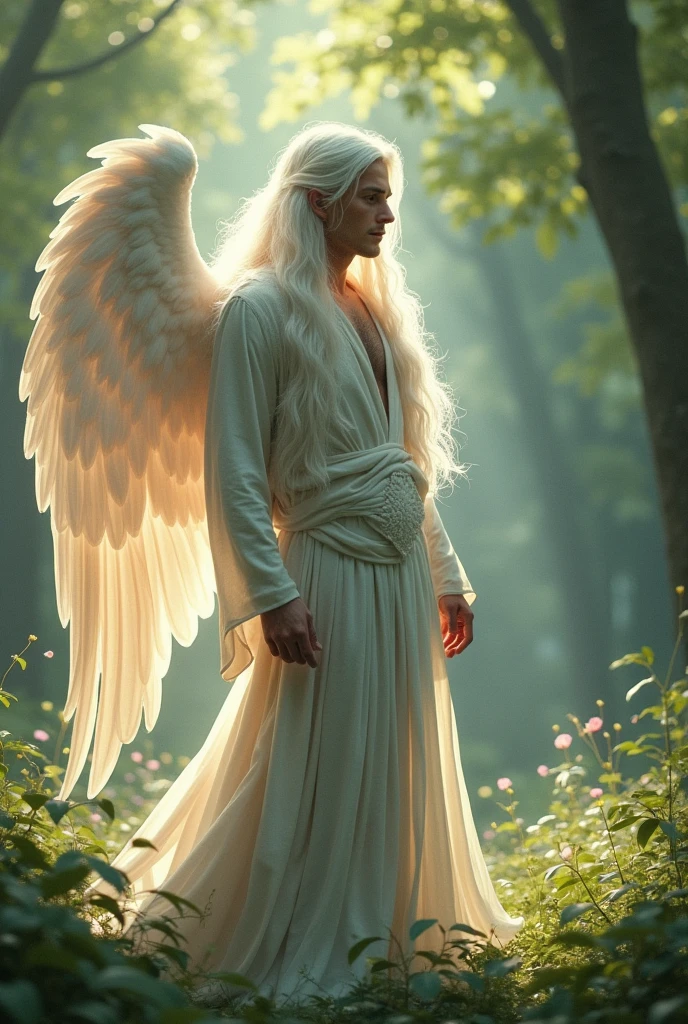 A white-haired, long-haired elf man, a rare creature with long angelic wings