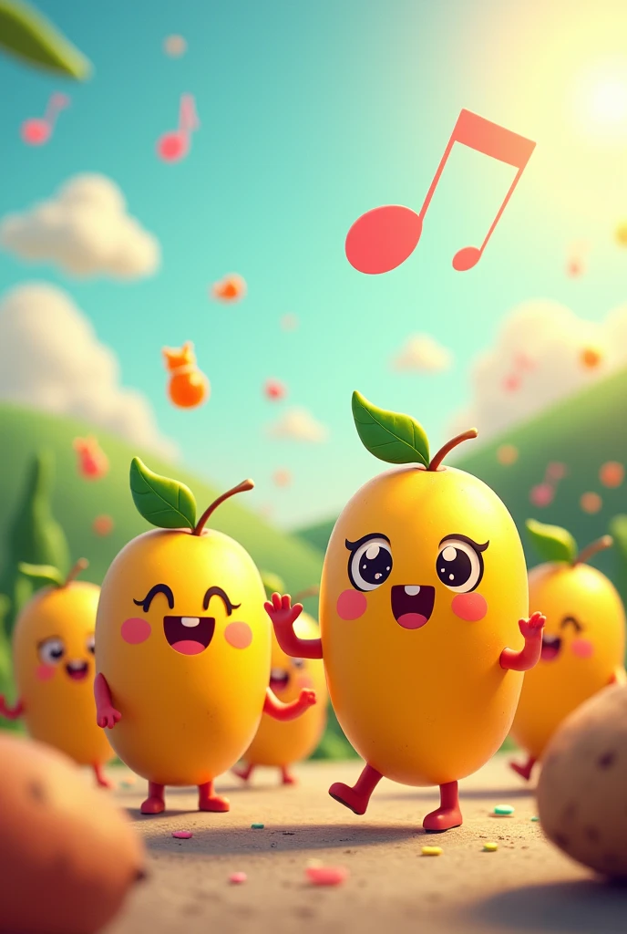 A group of kawaii mangoes, gummies, and potatoes dancing the conga
