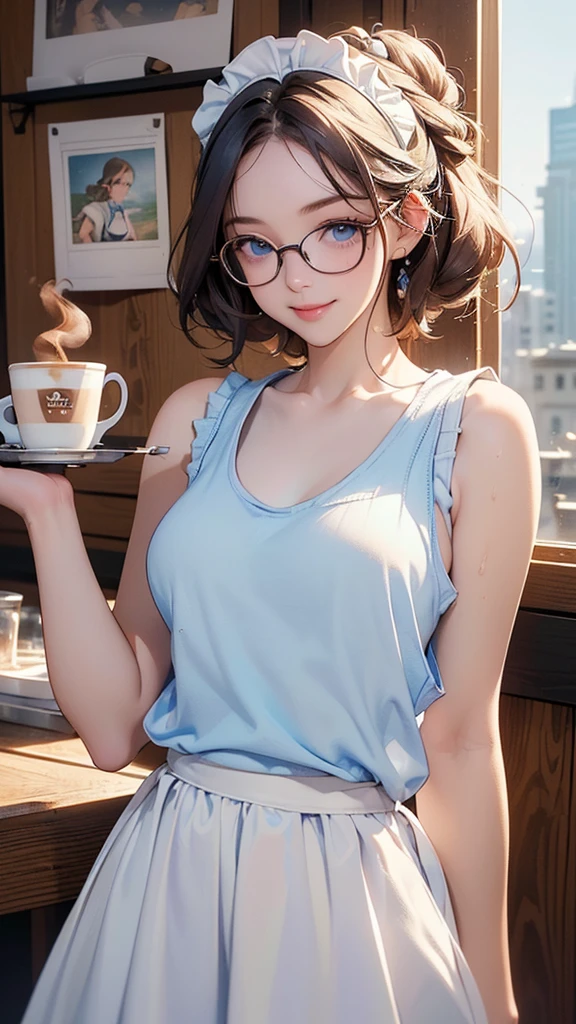 One Girl(High resolution, masterpiece, accurate, Anatomically correct), ((Landscape、Wearing glasses、A happy look、holding a tray with coffee.))、(Hair the color of water, with ends that are fluffy、Light blue eyes)、((Maid outfit with a tank top:1.5))((Inside a coffee shop、Coffee shop staff))、Highest quality, Ultra high definition, High-resolution model