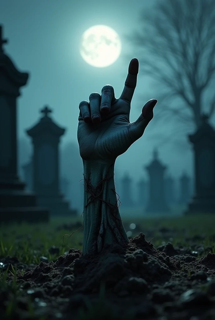 professional photography, Close-up of a zombie hand protruding from the ground in a graveyard on a full moon night, The Hand is making a good job hand sign, bokeh effect, depth of field, hyper Realistic, Professional photography, Cinema Lighting