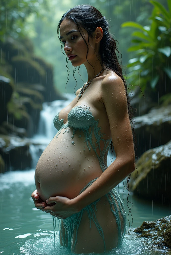 from thin streams of water, which make up a young beautiful pregnant woman . detailed eyes, detailed facial features and body contours. The waterfall is located in a tropical forest. It is raining. full length photo. This is a fantasy character. The Goddess of Water, Weightless, transparent. Face side. All her bodi is water and rocks