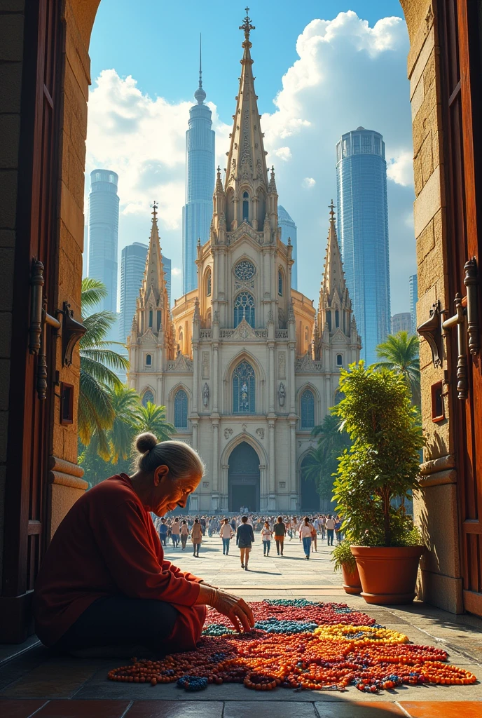 Create an image of a city with many tall buildings, and a church in the middle resembling the Metropolitan Cathedral of Guayaquil´´ and at the entrance an elderly lady selling rosaries