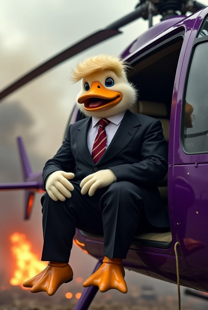 Mafia soft fur skin duck with hairstyle of donald trump wearing suit and pant sitting on the side of a open door purple helicopter flying in the air, battlefield backgrond, fire everywhere