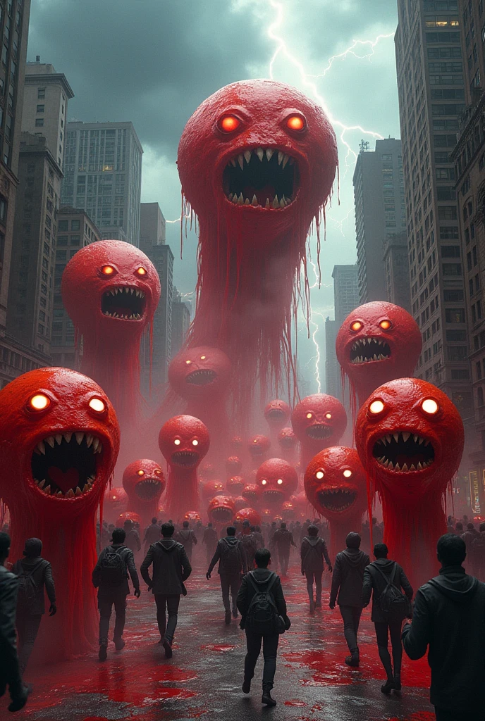 Lots of red slime looking creature with teeth without eyes and dripping with paint invading Earth from the sky and attacking humans