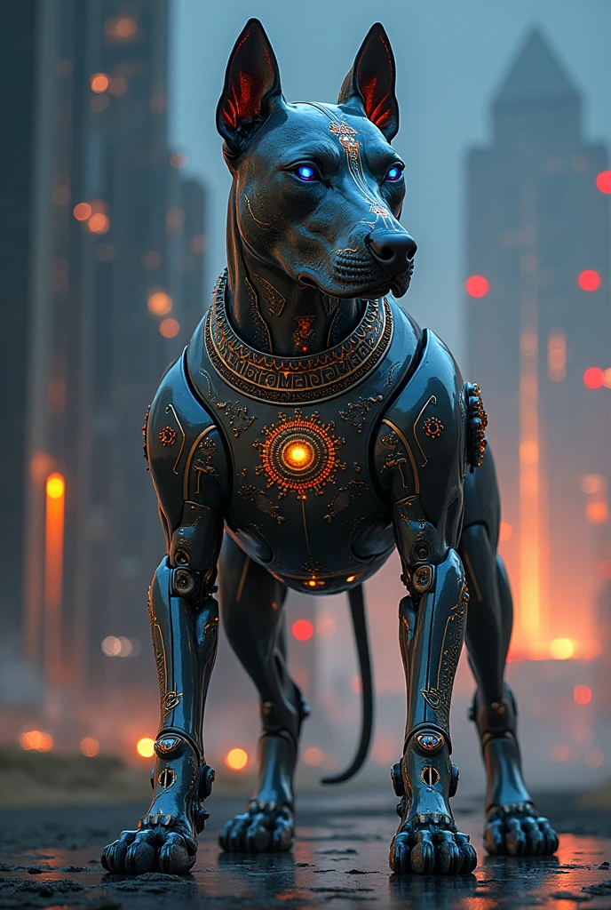 A pitbull robot so technological that the gods are afraid of it, and it must have jewels from ancient Egypt, and it must have more technological features, it must have diamonds and be very beautiful.