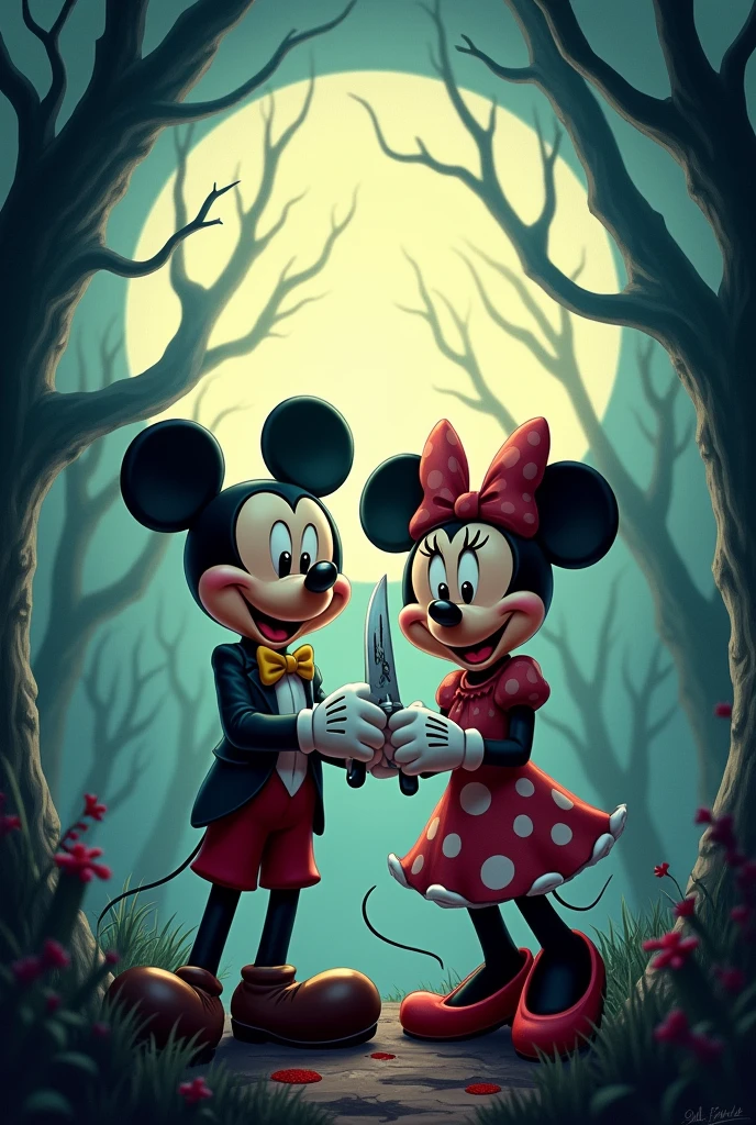 Mickey and Minnie mouse holding knife, horror illustrative art