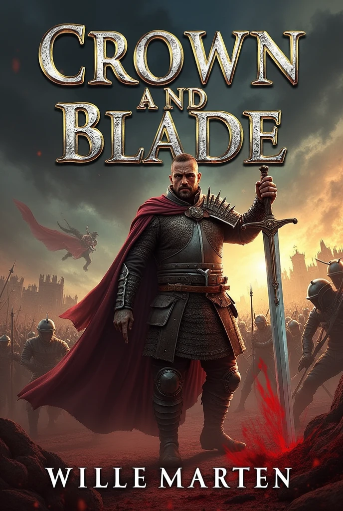 Make me a book cover with the title "Crown And Blade" With the background a man is holding Sword in the middle of war, surrounded by bleeding people