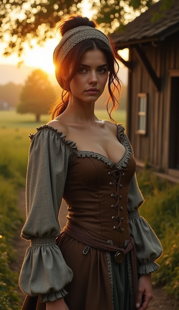 Gorgeous and sultry busty athletic (thin) brunette peasant with sharp facial features wearing a modest updo, medieval hair cover, rough-spun grey and brown medieval dress, long sleeves, wide neck, long dress, tight bodice, corset, Middle Ages, cottage, farm, exterior, trees, countryside, evening, sunset.