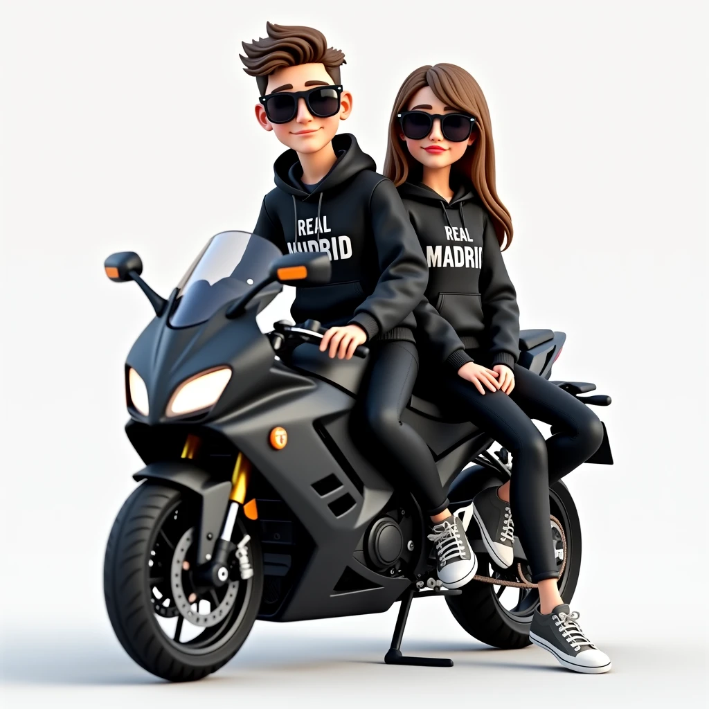 Create a realistic 3D image of a couple casually dressed in black and white sitting on a Suzuki motorcycle, wearing Real Madrid FC hoodies, sneakers, and children's sunglasses.